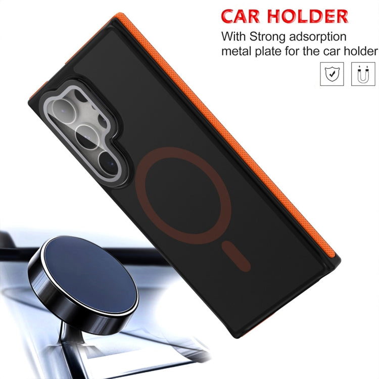 For Samsung Galaxy S24 Ultra 5G Magsafe Dual-Color Skin Feel Lens Film Phone Case with Lens Fold Holder(Orange) - Galaxy S24 Ultra 5G Cases by PMC Jewellery | Online Shopping South Africa | PMC Jewellery | Buy Now Pay Later Mobicred