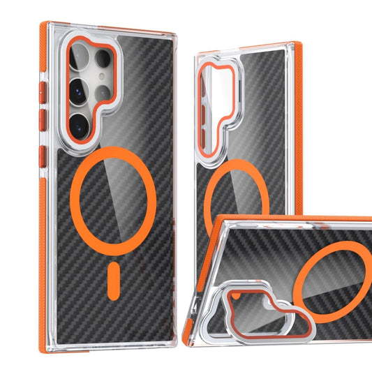 For Samsung Galaxy S24 Ultra 5G Magsafe Dual-Color Carbon Fiber Lens Film Phone Case with Lens Fold Holder(Orange) - Galaxy S24 Ultra 5G Cases by PMC Jewellery | Online Shopping South Africa | PMC Jewellery | Buy Now Pay Later Mobicred