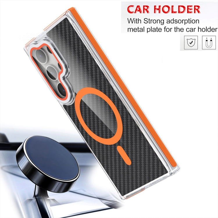 For Samsung Galaxy S24 Ultra 5G Magsafe Dual-Color Carbon Fiber Lens Film Phone Case with Lens Fold Holder(Orange) - Galaxy S24 Ultra 5G Cases by PMC Jewellery | Online Shopping South Africa | PMC Jewellery | Buy Now Pay Later Mobicred