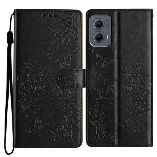 For Motorola Edge 2024 Butterflies and Flowers Leather Phone Case(Black) - Motorola Cases by PMC Jewellery | Online Shopping South Africa | PMC Jewellery | Buy Now Pay Later Mobicred