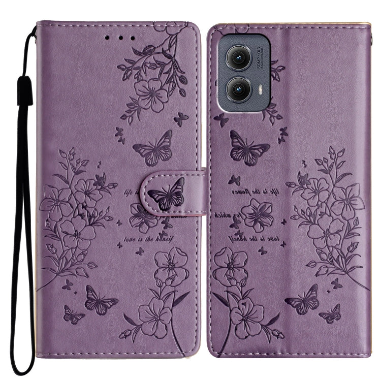 For Motorola Edge 2024 Butterflies and Flowers Leather Phone Case(Purple) - Motorola Cases by PMC Jewellery | Online Shopping South Africa | PMC Jewellery | Buy Now Pay Later Mobicred