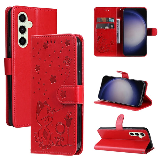 For Samsung Galaxy S25 / S24 5G Cat and Bee Embossed Flip Leather Phone Case(Red) - Galaxy S25 5G Cases by PMC Jewellery | Online Shopping South Africa | PMC Jewellery | Buy Now Pay Later Mobicred