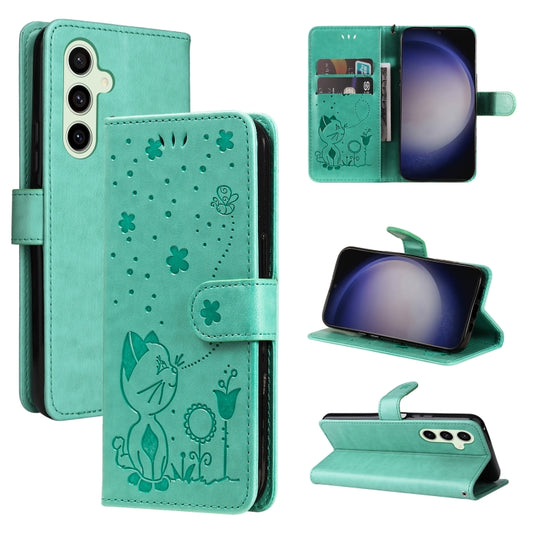 For Samsung Galaxy S25+ / S24+ 5G Cat and Bee Embossed Flip Leather Phone Case(Green) - Galaxy S25+ 5G Cases by PMC Jewellery | Online Shopping South Africa | PMC Jewellery | Buy Now Pay Later Mobicred