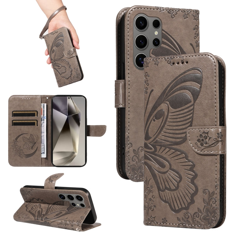 For Samsung Galaxy S25 Ultra 5G Swallowtail Butterfly Embossed Leather Phone Case(Grey) - Galaxy S25 Ultra 5G Cases by PMC Jewellery | Online Shopping South Africa | PMC Jewellery | Buy Now Pay Later Mobicred