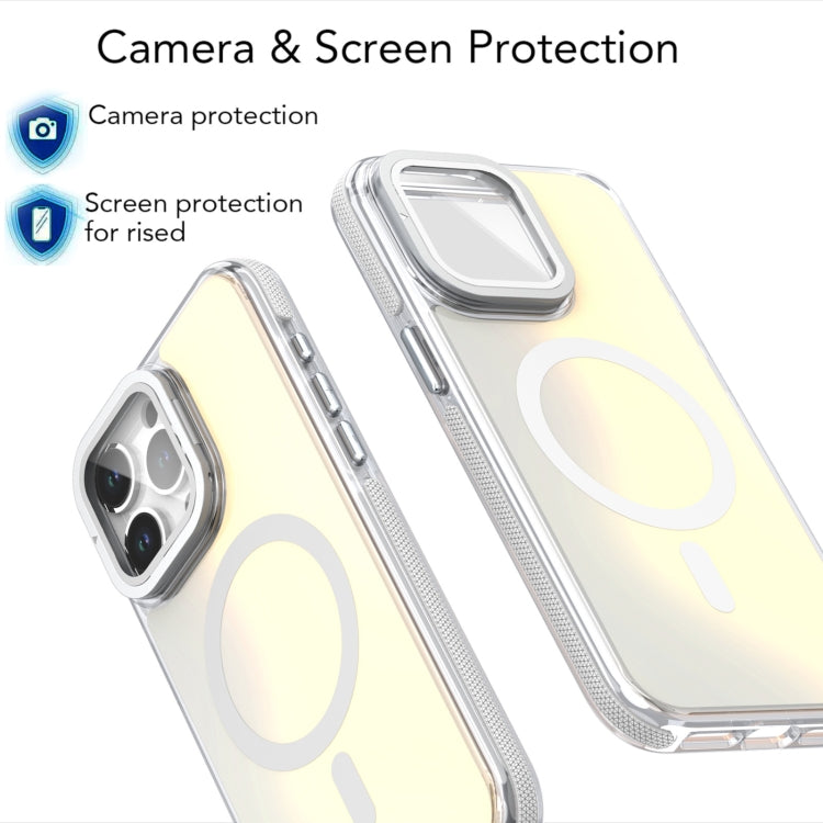 For iPhone 16 Plus MagSafe Gradient Color Lens Film Phone Case with Lens Fold Holder(White) - free shipping - PMC TechLife - Order now!