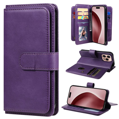 For iPhone 16 Pro Multi-Function Wallet 10 Card Slots Leather Phone Case(Violet) - iPhone 16 Pro Cases by PMC Jewellery | Online Shopping South Africa | PMC Jewellery | Buy Now Pay Later Mobicred