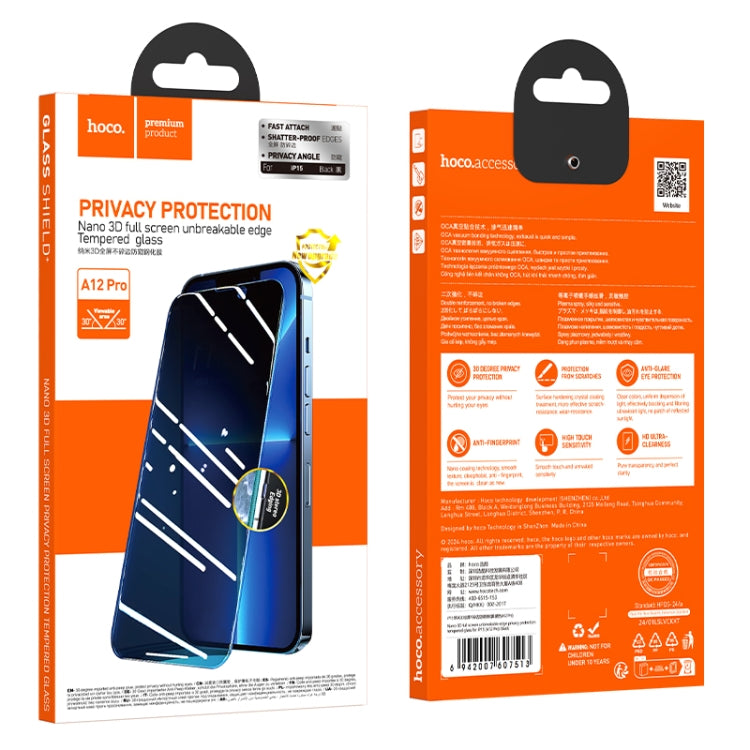 For iPhone 16 / 15 hoco A12 Pro Nano 3D Full Screen Edges Protection Privacy Tempered Glass Film - iPhone 16 Tempered Glass by hoco | Online Shopping South Africa | PMC Jewellery | Buy Now Pay Later Mobicred