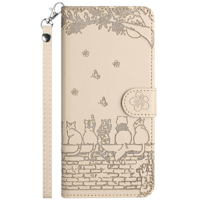 For Samsung Galaxy S25 5G Cat Embossing Pattern Leather Phone Case with Lanyard(Beige) - Galaxy S25 5G Cases by PMC Jewellery | Online Shopping South Africa | PMC Jewellery | Buy Now Pay Later Mobicred