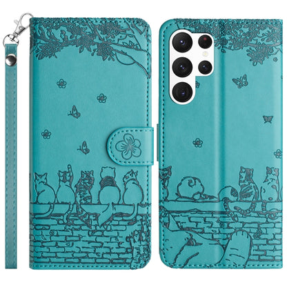 For Samsung Galaxy S25 Ultra 5G Cat Embossing Pattern Leather Phone Case with Lanyard(Blue) - Galaxy S25 Ultra 5G Cases by PMC Jewellery | Online Shopping South Africa | PMC Jewellery | Buy Now Pay Later Mobicred