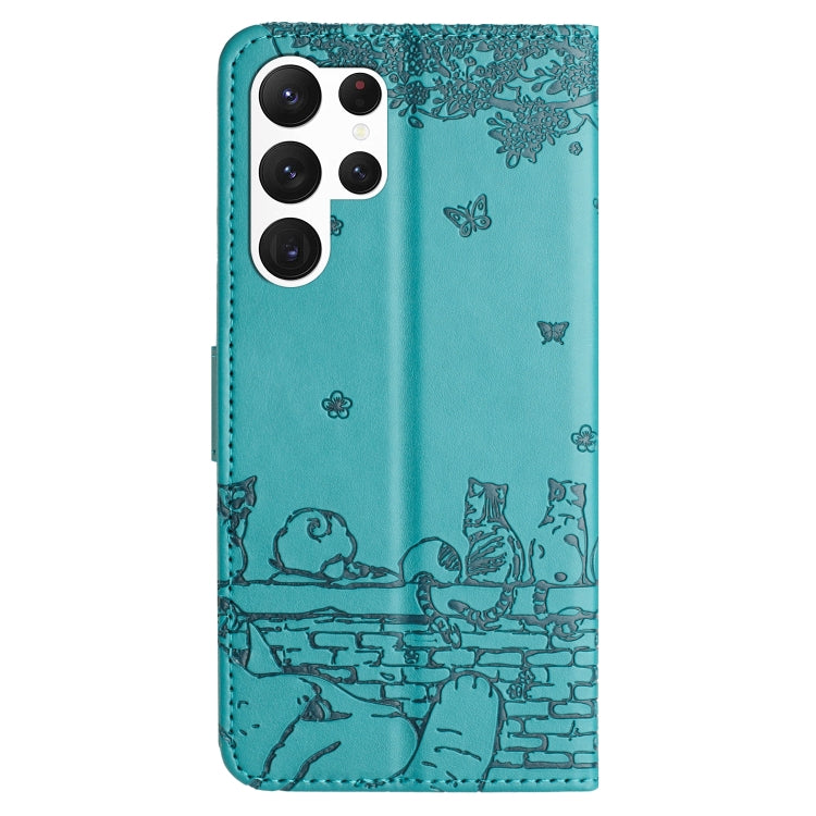 For Samsung Galaxy S25 Ultra 5G Cat Embossing Pattern Leather Phone Case with Lanyard(Blue) - Galaxy S25 Ultra 5G Cases by PMC Jewellery | Online Shopping South Africa | PMC Jewellery | Buy Now Pay Later Mobicred