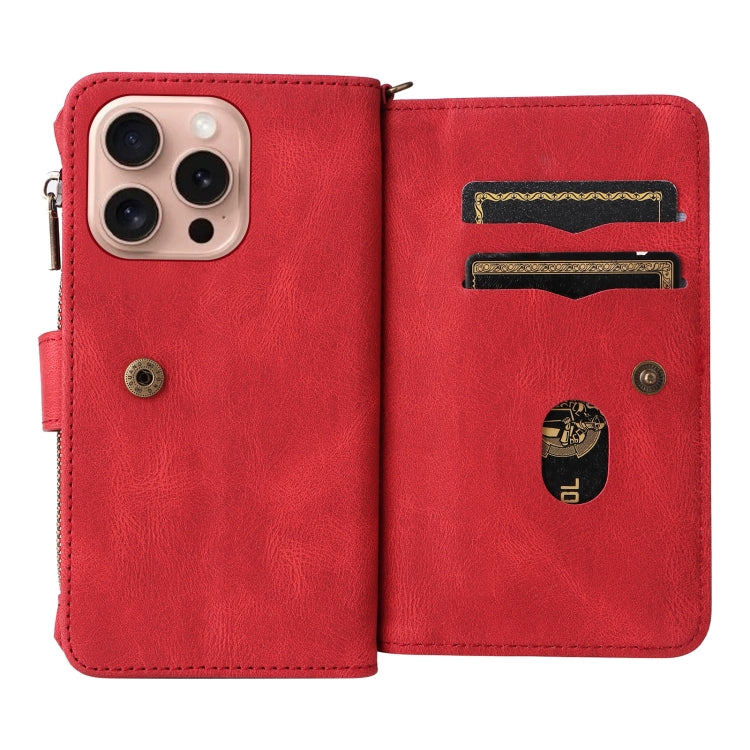 For iPhone 16 Pro Skin Feel Multi Card Slots Zipper Wallet Leather Phone Case(Red) - iPhone 16 Pro Cases by PMC TechLife | Online Shopping South Africa | PMC TechLife | Buy Now Pay Later Mobicred