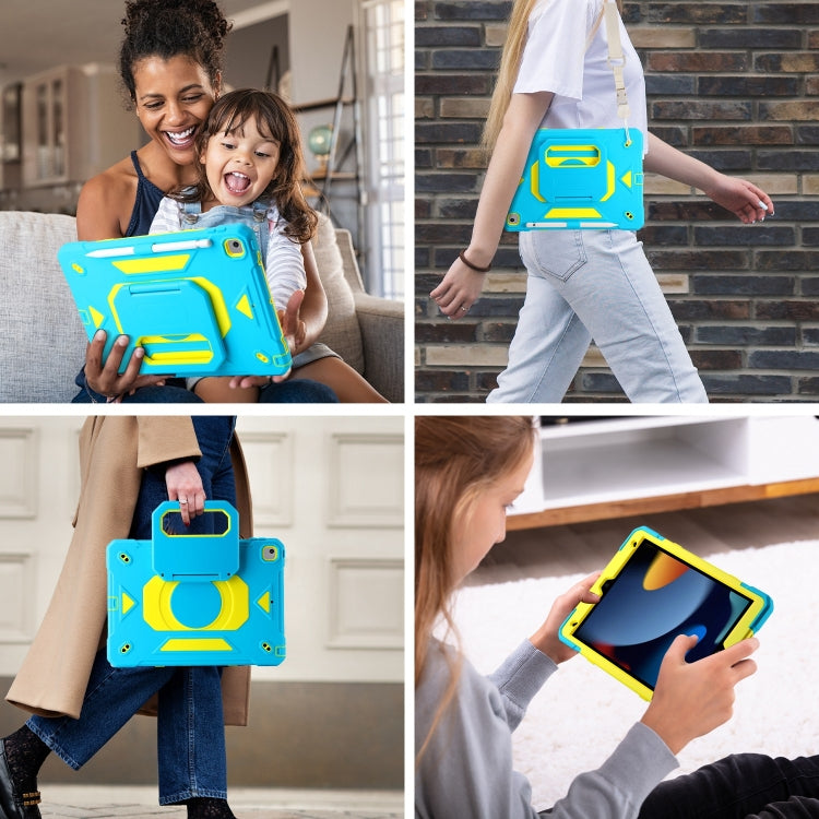 For iPad 10.2 2021 / 2020 / 2019 Legend Grip Holder Silicone Hybrid PC Tablet Case with Strap(Blue Fluorescent Yellow) - iPad 10.2 Cases by PMC Jewellery | Online Shopping South Africa | PMC Jewellery | Buy Now Pay Later Mobicred