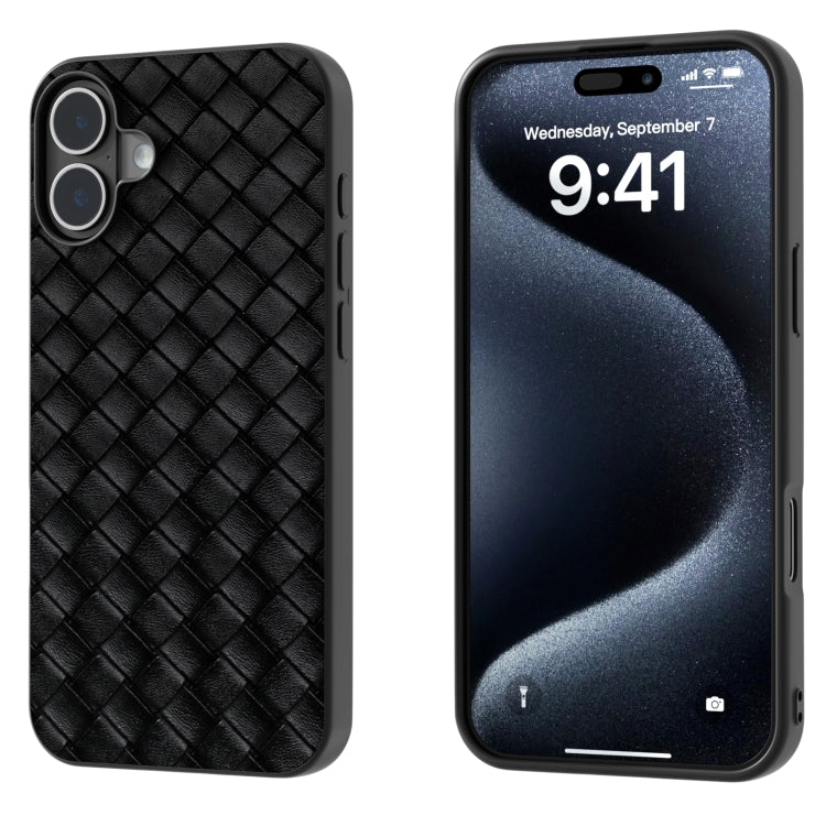 For iPhone 16 Plus Black Frame Woven Texture PU Phone Case(Black) - iPhone 16 Plus Cases by PMC Jewellery | Online Shopping South Africa | PMC Jewellery | Buy Now Pay Later Mobicred