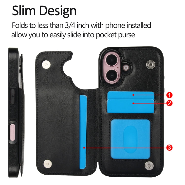For iPhone 16 Double Buckle Crazy Horse Texture PU Phone Case(Black) - iPhone 16 Cases by PMC TechLife | Online Shopping South Africa | PMC TechLife | Buy Now Pay Later Mobicred