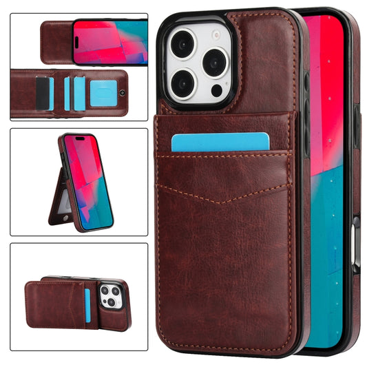 For iPhone 16 Pro Solid Color Card Slots Bracket PU Phone Case(Brown) - iPhone 16 Pro Cases by PMC Jewellery | Online Shopping South Africa | PMC Jewellery | Buy Now Pay Later Mobicred