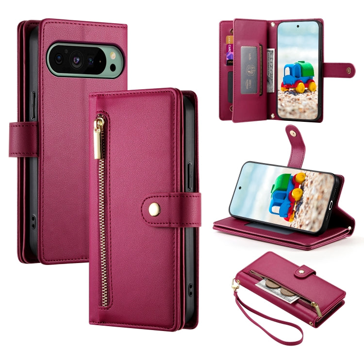 For Google Pixel 9 / 9 Pro Nine Card-slot Zipper Wallet Bag Leather Phone Case(Red) - Google Cases by PMC TechLife | Online Shopping South Africa | PMC TechLife | Buy Now Pay Later Mobicred