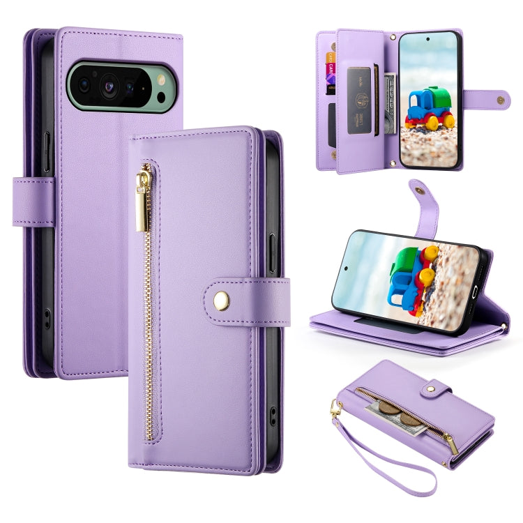 For Google Pixel 9 / 9 Pro Nine Card-slot Zipper Wallet Bag Leather Phone Case(Purple) - Google Cases by PMC Jewellery | Online Shopping South Africa | PMC Jewellery | Buy Now Pay Later Mobicred