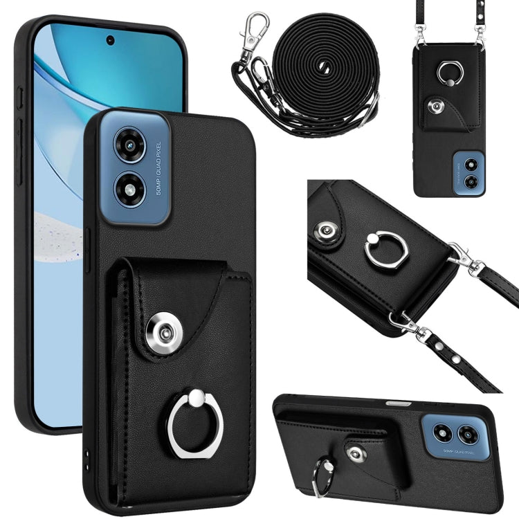 For Motorola Moto G Play 2024 5G Organ Card Bag Ring Holder Phone Case with Long Lanyard(Black) - Motorola Cases by PMC Jewellery | Online Shopping South Africa | PMC Jewellery | Buy Now Pay Later Mobicred