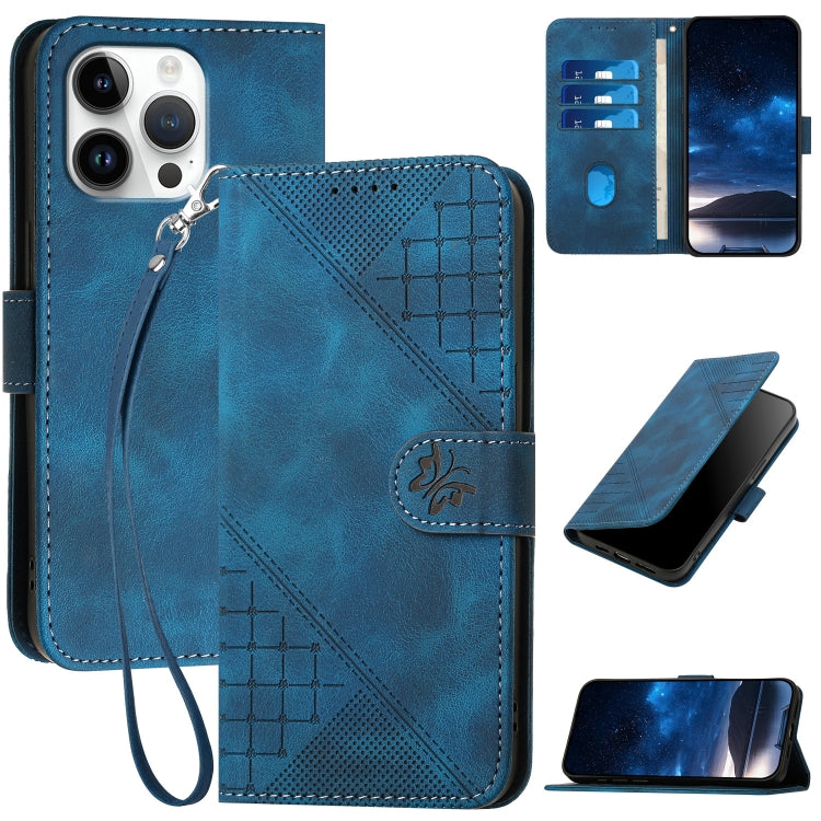 For iPhone 16 Pro Max YX0080 Grid Butterfly Embossed Pattern Flip Leather Phone Case with Lanyard(Dark Blue) - iPhone 16 Pro Max Cases by PMC Jewellery | Online Shopping South Africa | PMC Jewellery | Buy Now Pay Later Mobicred