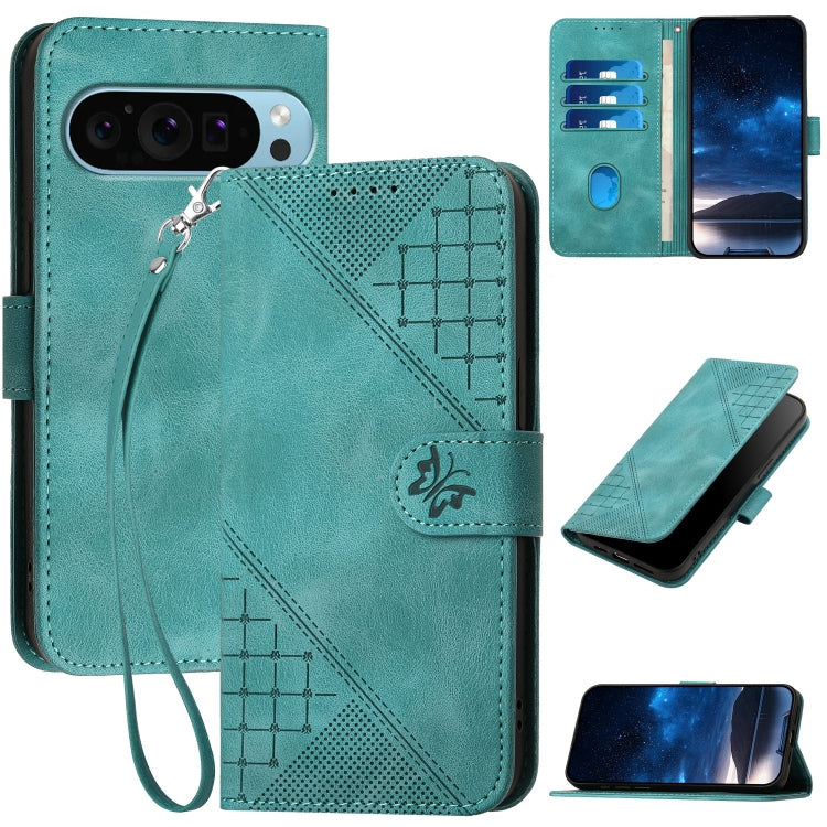 For Google Pixel 9 / 9 Pro YX0080 Grid Butterfly Embossed Pattern Flip Leather Phone Case with Lanyard(Light Blue) - Google Cases by PMC Jewellery | Online Shopping South Africa | PMC Jewellery | Buy Now Pay Later Mobicred