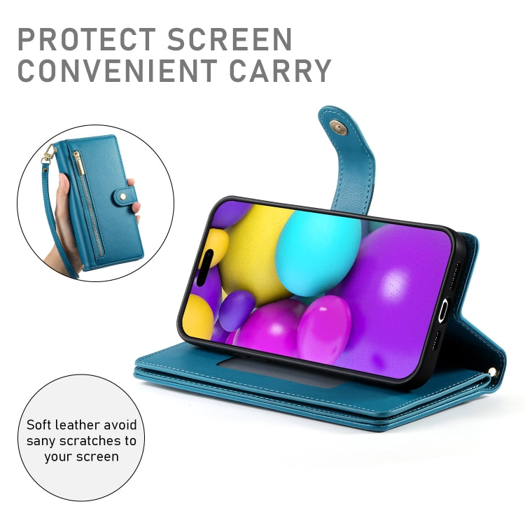 For iPhone 16 Plus Nine Card-slot Zipper Wallet Bag Leather Phone Case(Blue) - iPhone 16 Plus Cases by PMC Jewellery | Online Shopping South Africa | PMC Jewellery | Buy Now Pay Later Mobicred