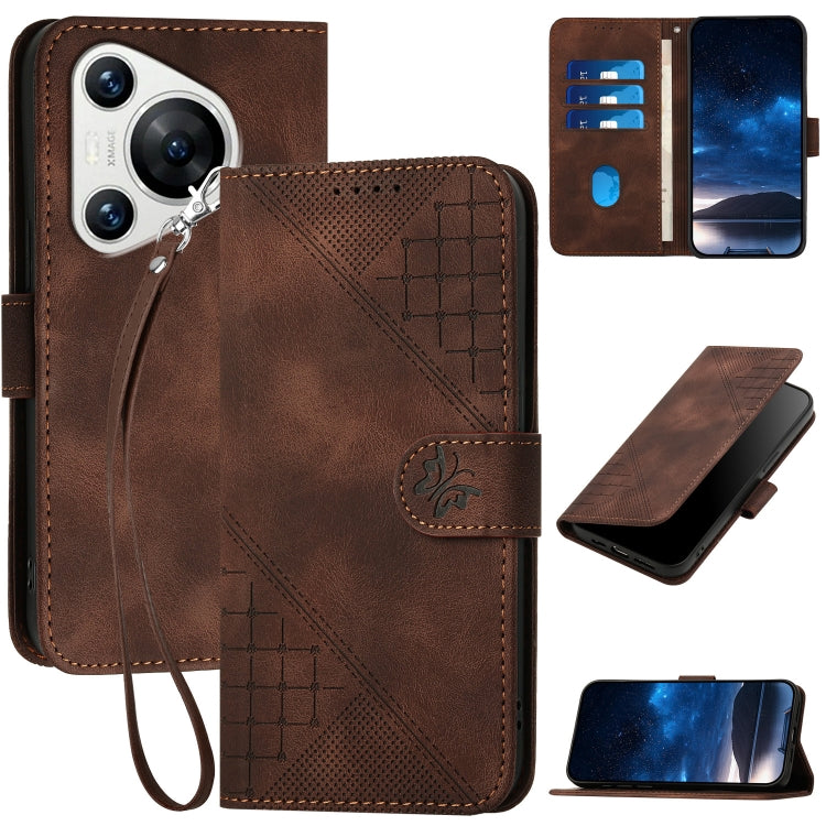 For Huawei Pura 70 YX0080 Grid Butterfly Embossed Pattern Flip Leather Phone Case with Lanyard(Coffee) - Huawei Cases by PMC Jewellery | Online Shopping South Africa | PMC Jewellery | Buy Now Pay Later Mobicred