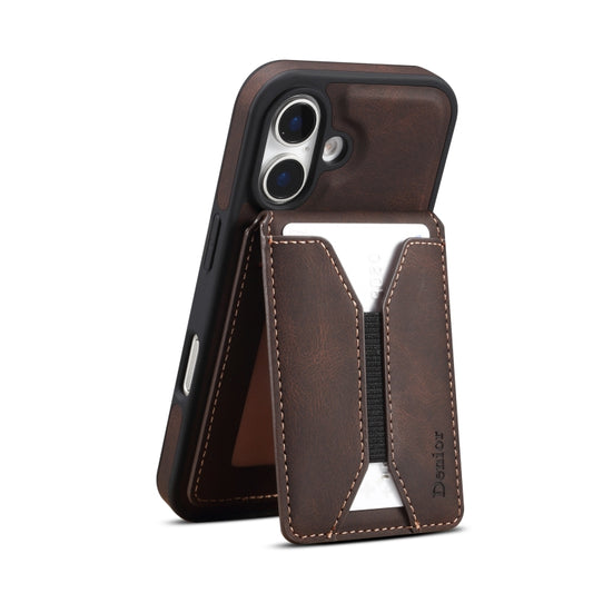 For iPhone 16 Plus Denior D18 Skin Feel Rotating Holder MagSafe Detachable Card Slot Phone Case(Brown) - iPhone 16 Plus Cases by Denior | Online Shopping South Africa | PMC Jewellery | Buy Now Pay Later Mobicred