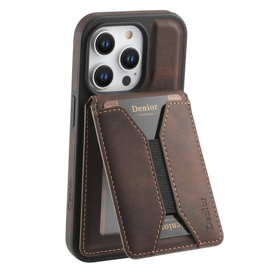 For iPhone 16 Pro Denior D18 Skin Feel Rotating Holder MagSafe Detachable Card Slot Phone Case(Brown) - iPhone 16 Pro Cases by Denior | Online Shopping South Africa | PMC Jewellery | Buy Now Pay Later Mobicred