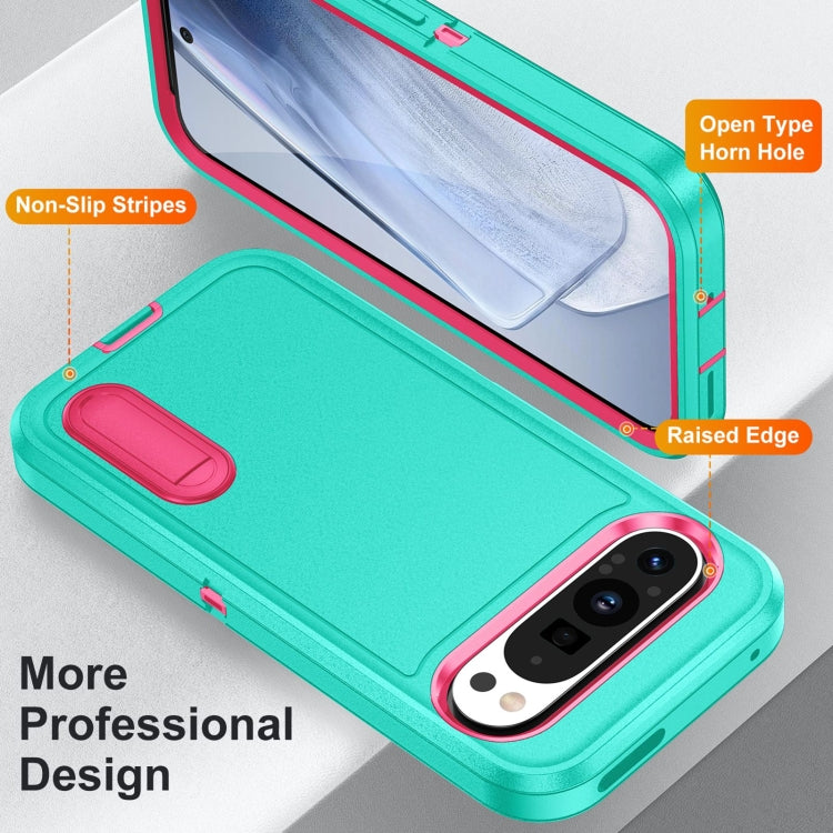 For Google Pixel 9 Pro Rugged PC + Silicone Phone Case with Holder(Light Green+Rose Red) - Google Cases by PMC TechLife | Online Shopping South Africa | PMC TechLife | Buy Now Pay Later Mobicred