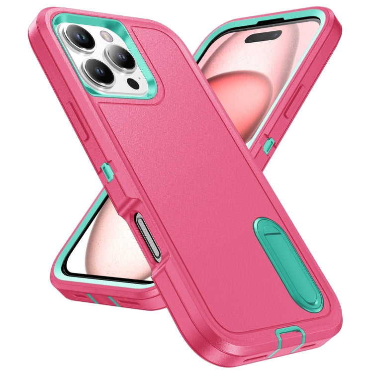 For iPhone 16 Pro Max Rugged PC + Silicone Phone Case with Holder(Rose Red+Light Green) - iPhone 16 Pro Max Cases by PMC Jewellery | Online Shopping South Africa | PMC Jewellery | Buy Now Pay Later Mobicred