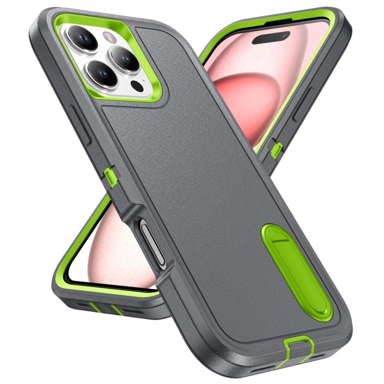 For iPhone 16 Pro Rugged PC + Silicone Phone Case with Holder(Grey+Fresh Green) - iPhone 16 Pro Cases by PMC TechLife | Online Shopping South Africa | PMC TechLife | Buy Now Pay Later Mobicred