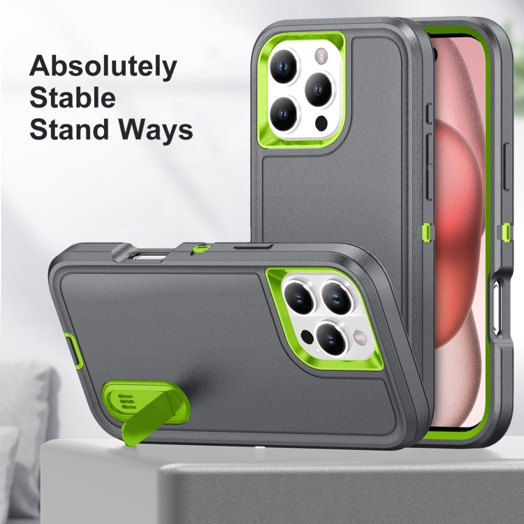 For iPhone 16 Pro Rugged PC + Silicone Phone Case with Holder(Grey+Fresh Green) - iPhone 16 Pro Cases by PMC TechLife | Online Shopping South Africa | PMC TechLife | Buy Now Pay Later Mobicred