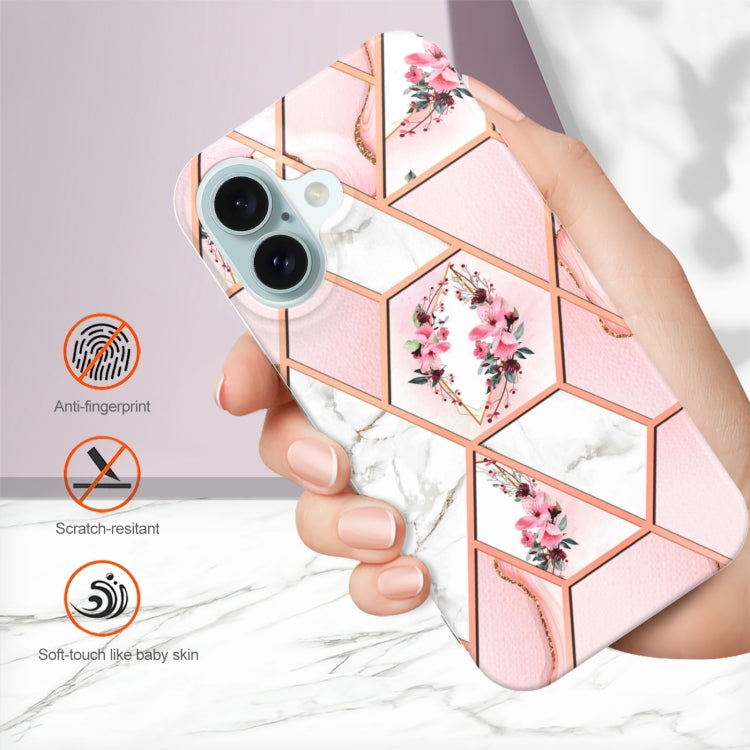 For iPhone 16 Splicing Marble Flower IMD TPU Phone Case(Pink Flower) - iPhone 16 Cases by PMC Jewellery | Online Shopping South Africa | PMC Jewellery | Buy Now Pay Later Mobicred