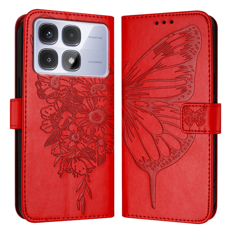 For Redmi K70 Ultra 5G Global Embossed Butterfly Leather Phone Case(Red) - Xiaomi Cases by PMC Jewellery | Online Shopping South Africa | PMC Jewellery | Buy Now Pay Later Mobicred