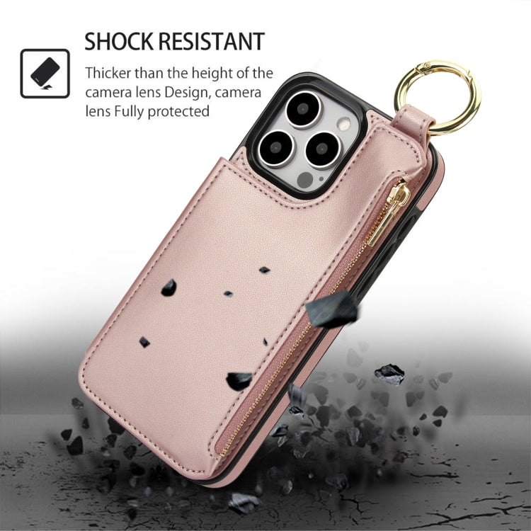 For iPhone 16 Pro RFlD Anti-theft Double Buckle Ring Zipper Card Phone Case(Rose Gold) - iPhone 16 Pro Cases by PMC Jewellery | Online Shopping South Africa | PMC Jewellery | Buy Now Pay Later Mobicred