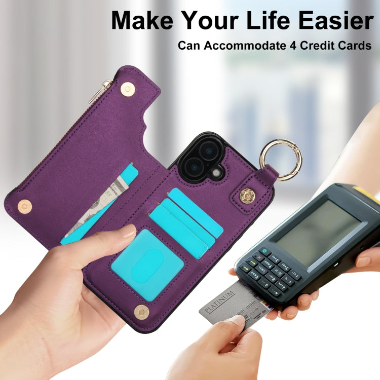 For iPhone 16 Plus RFlD Anti-theft Double Buckle Ring Zipper Card Phone Case(Dark Purple) - iPhone 16 Plus Cases by PMC Jewellery | Online Shopping South Africa | PMC Jewellery | Buy Now Pay Later Mobicred