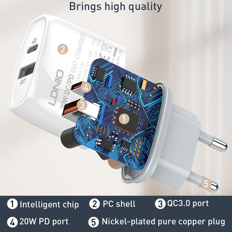 LDNIO Q229 QC3.0 / PD20W USB + Type-C Fast Charger with 1m USB to 8 Pin Cable, Plug Type:UK Plug(White) - USB Charger by LDNIO | Online Shopping South Africa | PMC Jewellery | Buy Now Pay Later Mobicred