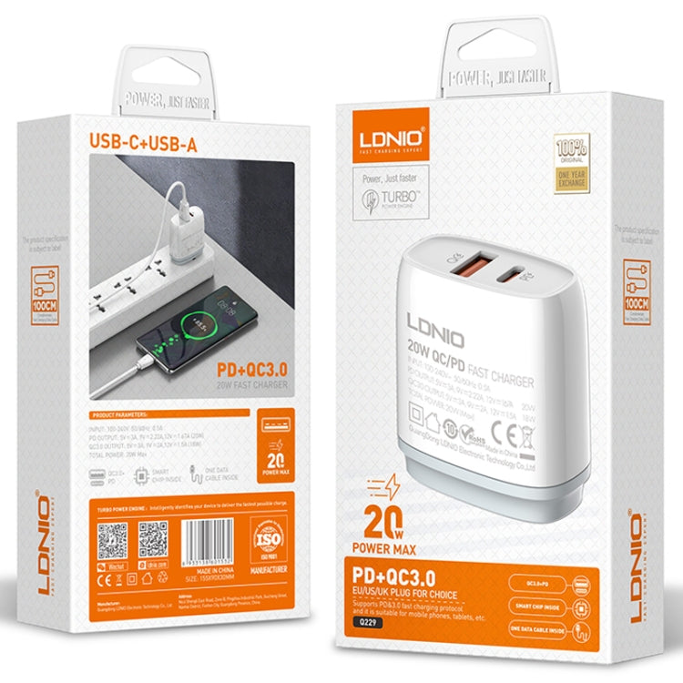 LDNIO Q229 QC3.0 / PD20W USB + Type-C Fast Charger with 1m Type-C to 8 Pin Cable, Plug Type:EU Plug(White) - USB Charger by LDNIO | Online Shopping South Africa | PMC Jewellery | Buy Now Pay Later Mobicred