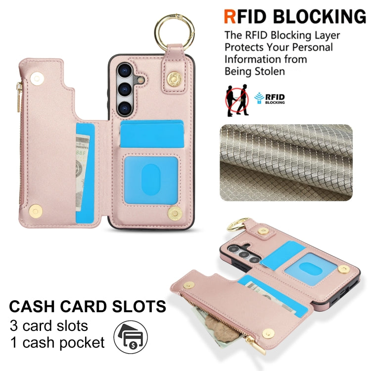 For Samsung Galaxy S24 5G RFlD Anti-theft Double Buckle Ring Zipper Card Phone Case(Rose Gold) - Galaxy S24 5G Cases by PMC Jewellery | Online Shopping South Africa | PMC Jewellery | Buy Now Pay Later Mobicred