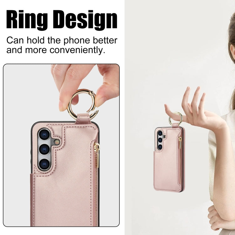 For Samsung Galaxy S24+ 5G RFlD Anti-theft Double Buckle Ring Zipper Card Phone Case(Rose Gold) - Galaxy S24+ 5G Cases by PMC Jewellery | Online Shopping South Africa | PMC Jewellery | Buy Now Pay Later Mobicred