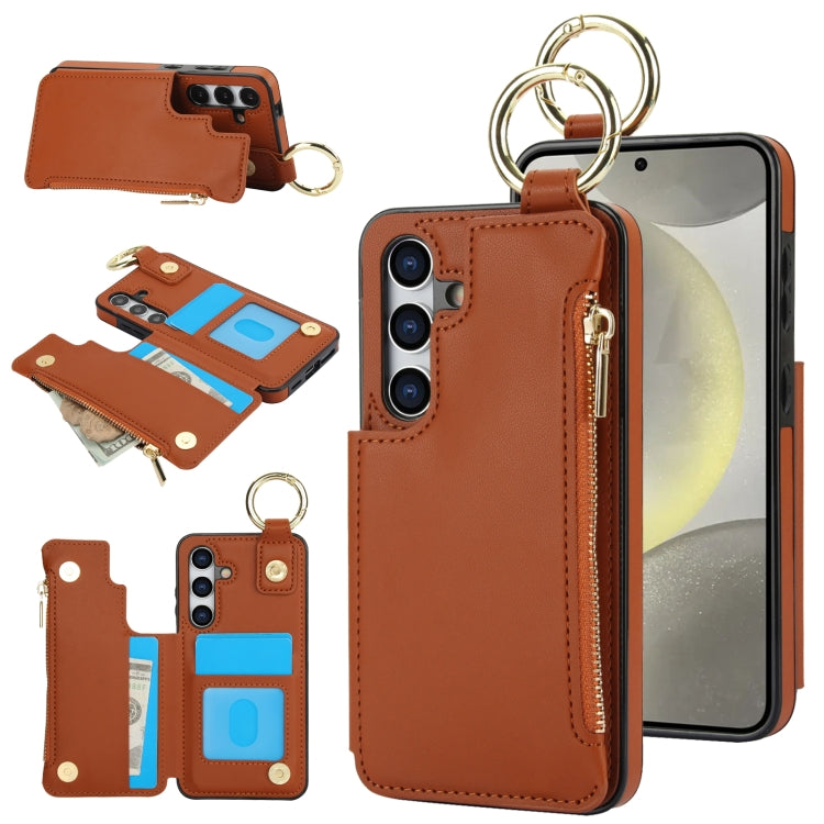 For Samsung Galaxy S24+ 5G RFlD Anti-theft Double Buckle Ring Zipper Card Phone Case(Brown) - Galaxy S24+ 5G Cases by PMC Jewellery | Online Shopping South Africa | PMC Jewellery | Buy Now Pay Later Mobicred