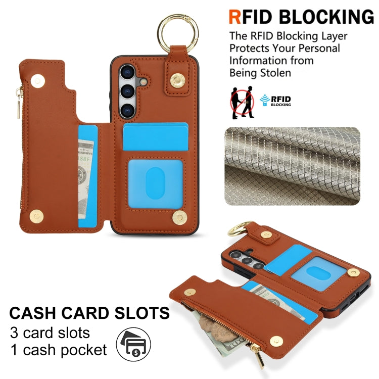 For Samsung Galaxy S24+ 5G RFlD Anti-theft Double Buckle Ring Zipper Card Phone Case(Brown) - Galaxy S24+ 5G Cases by PMC Jewellery | Online Shopping South Africa | PMC Jewellery | Buy Now Pay Later Mobicred