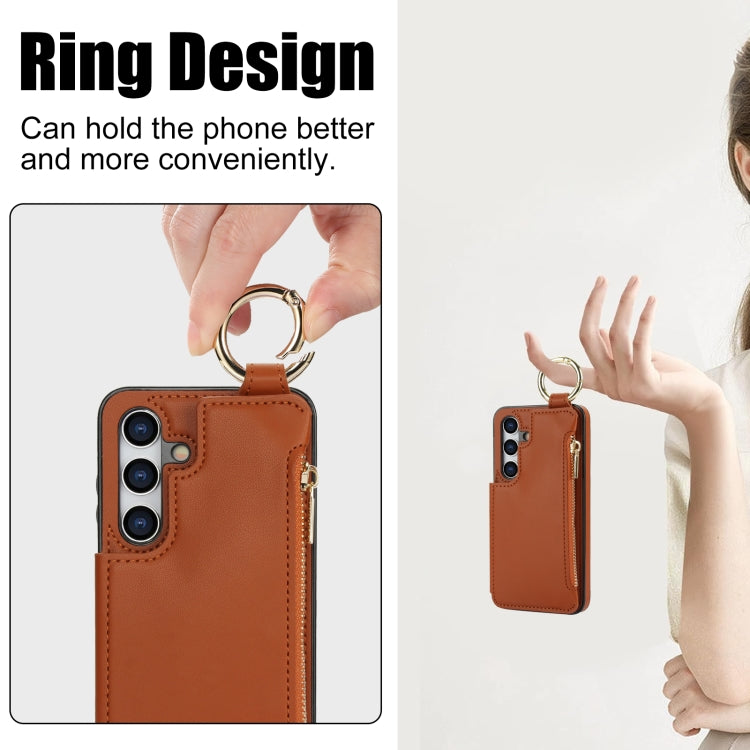 For Samsung Galaxy S24+ 5G RFlD Anti-theft Double Buckle Ring Zipper Card Phone Case(Brown) - Galaxy S24+ 5G Cases by PMC Jewellery | Online Shopping South Africa | PMC Jewellery | Buy Now Pay Later Mobicred