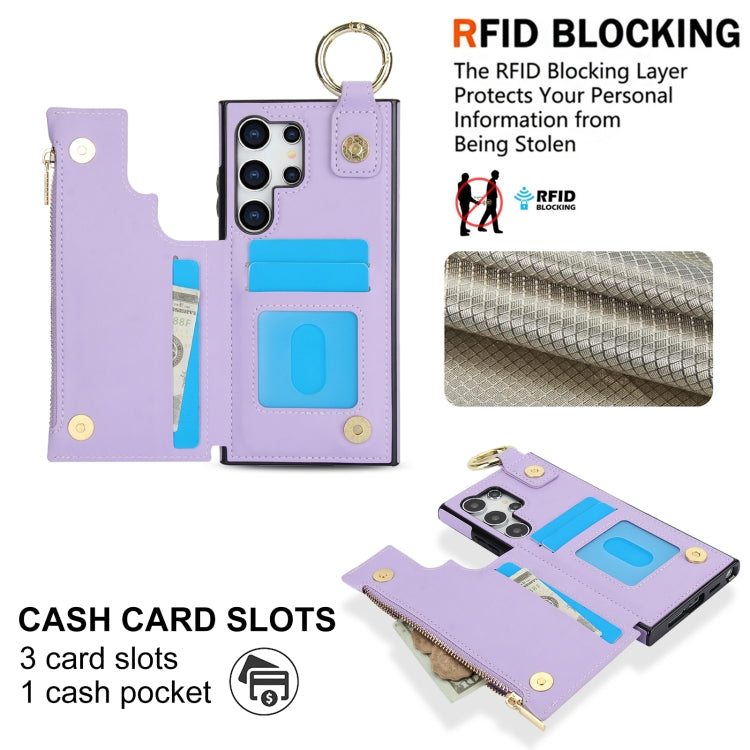 For Samsung Galaxy S24 Ultra 5G RFlD Anti-theft Double Buckle Ring Zipper Card Phone Case(Purple) - Galaxy S24 Ultra 5G Cases by PMC Jewellery | Online Shopping South Africa | PMC Jewellery | Buy Now Pay Later Mobicred