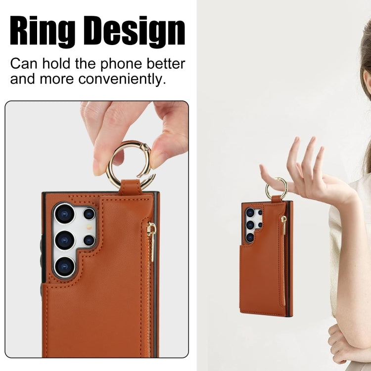 For Samsung Galaxy S24 Ultra 5G RFlD Anti-theft Double Buckle Ring Zipper Card Phone Case(Brown) - Galaxy S24 Ultra 5G Cases by PMC Jewellery | Online Shopping South Africa | PMC Jewellery | Buy Now Pay Later Mobicred