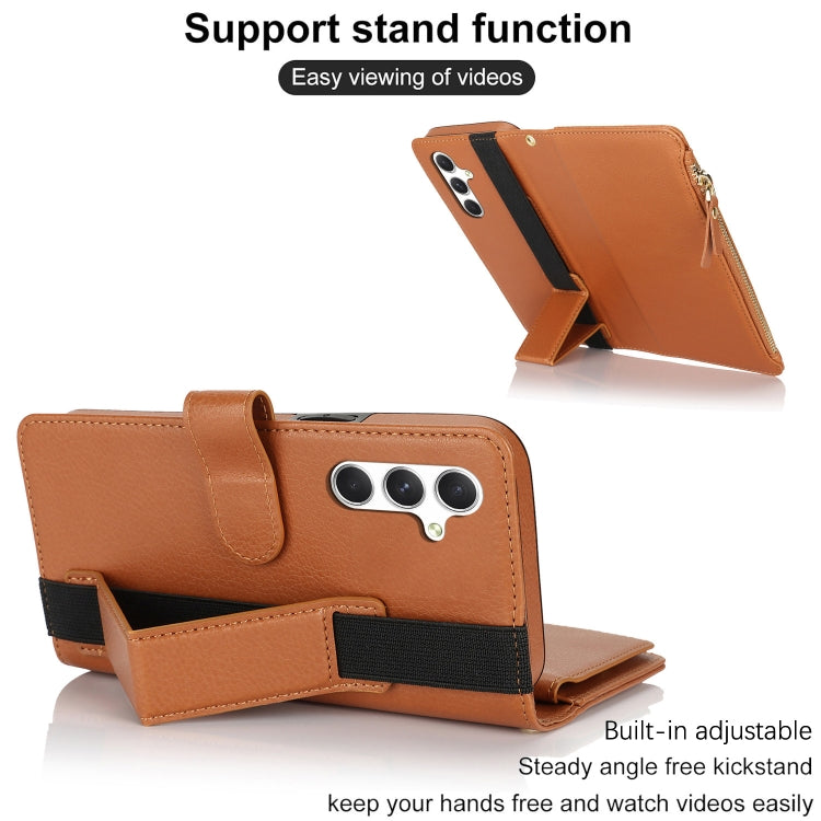 For Samsung Galaxy S24 5G Wristband Holder Zipper Purse RFID Leather Phone Case(Brown) - Galaxy S24 5G Cases by PMC Jewellery | Online Shopping South Africa | PMC Jewellery | Buy Now Pay Later Mobicred