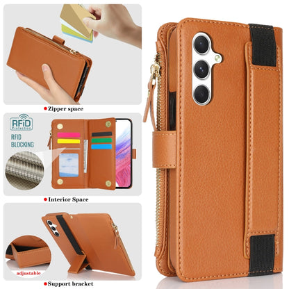 For Samsung Galaxy S24 5G Wristband Holder Zipper Purse RFID Leather Phone Case(Brown) - Galaxy S24 5G Cases by PMC Jewellery | Online Shopping South Africa | PMC Jewellery | Buy Now Pay Later Mobicred