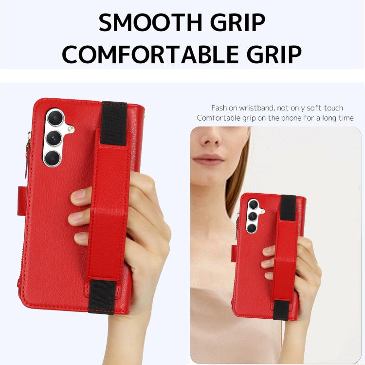 For Samsung Galaxy S24 5G Wristband Holder Zipper Purse RFID Leather Phone Case(Red) - Galaxy S24 5G Cases by PMC Jewellery | Online Shopping South Africa | PMC Jewellery | Buy Now Pay Later Mobicred