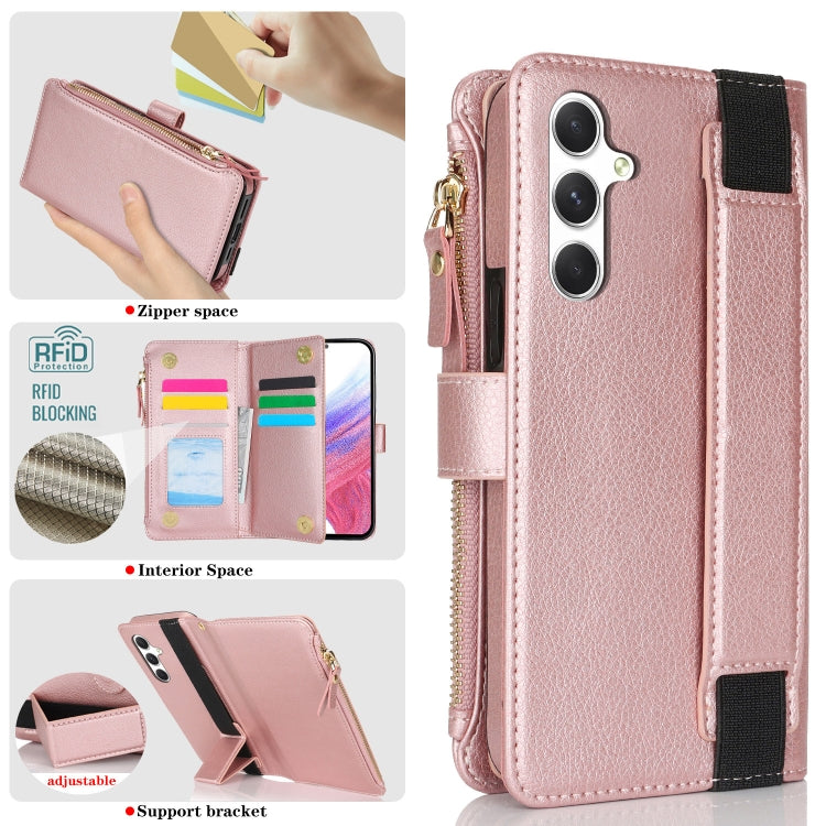 For Samsung Galaxy S24 5G Wristband Holder Zipper Purse RFID Leather Phone Case(Rose Gold) - Galaxy S24 5G Cases by PMC Jewellery | Online Shopping South Africa | PMC Jewellery | Buy Now Pay Later Mobicred