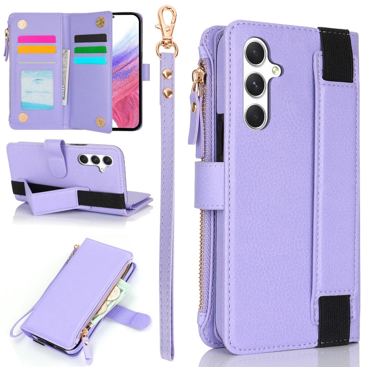 For Samsung Galaxy S24 5G Wristband Holder Zipper Purse RFID Leather Phone Case(Purple) - Galaxy S24 5G Cases by PMC Jewellery | Online Shopping South Africa | PMC Jewellery | Buy Now Pay Later Mobicred